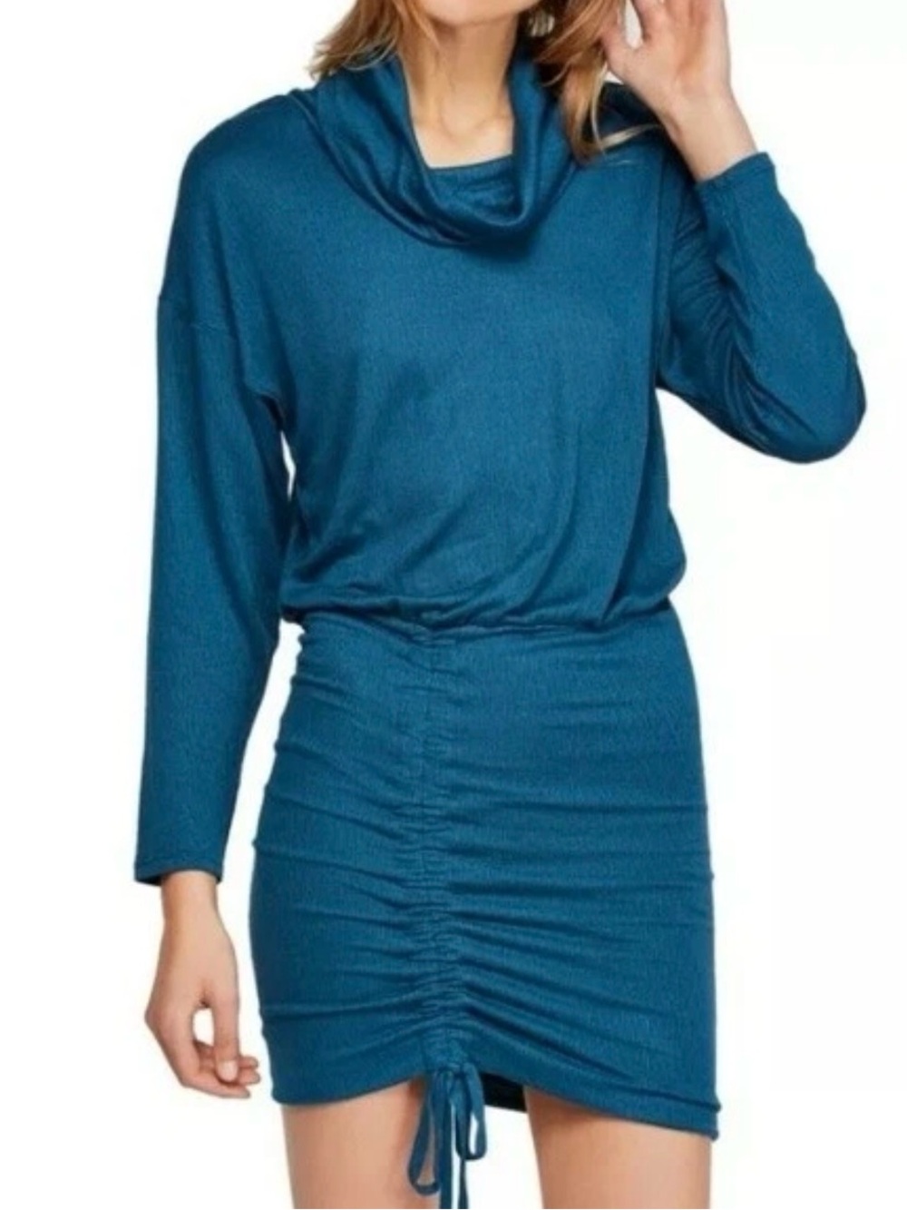 Free People Sundown Jersey Bodycon Mini Dress XS Ruched Teal Cowl Neck Boho